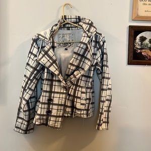 Women’s Long Sleeved Jacket, Checked Pattern, White, Gray, Hooded, Sebby
